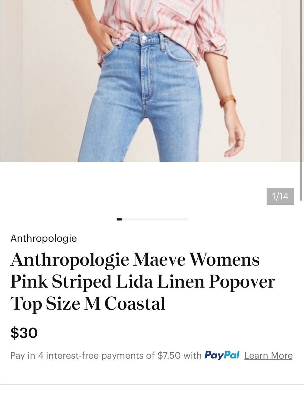 Anthropologie/Maeve Lida Linen Striped , Oversized linen Popover Top - Picture 2 of 12